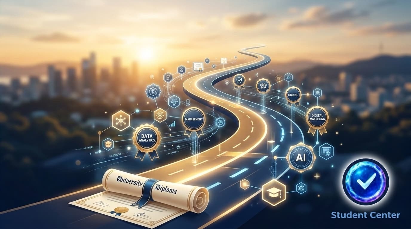A diploma scroll in the foreground with a career path road stretching toward city skyline, credential badges floating as milestones — representing lifelong learning beyond graduation