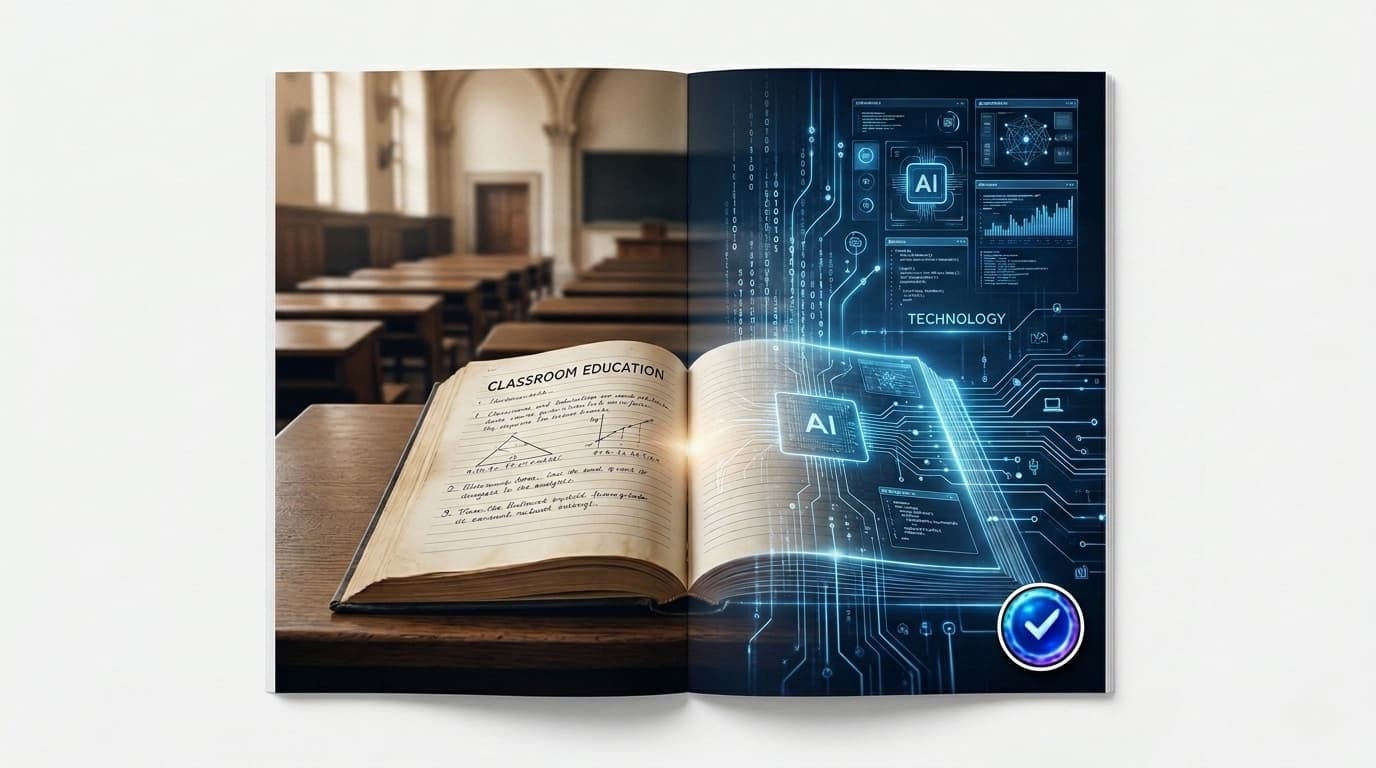 A classic open textbook merging into AI and digital technology — representing the gap between traditional education and emerging skills
